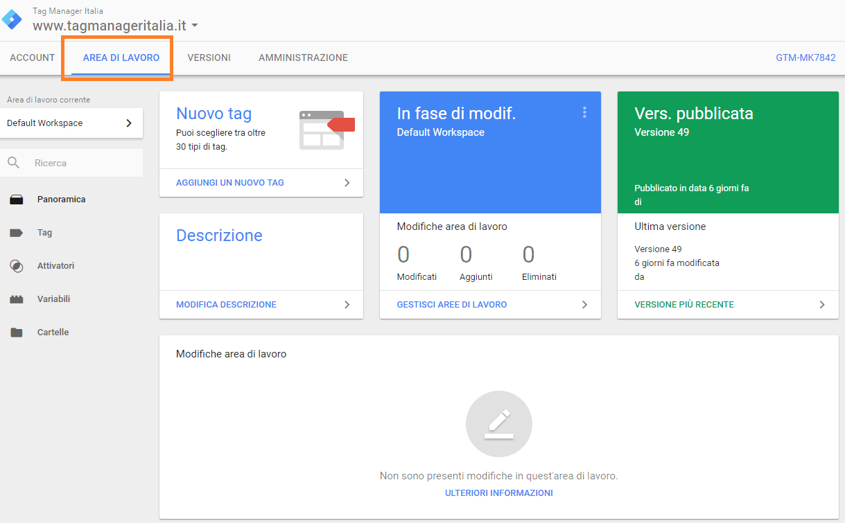 aree di lavoro google tag manager