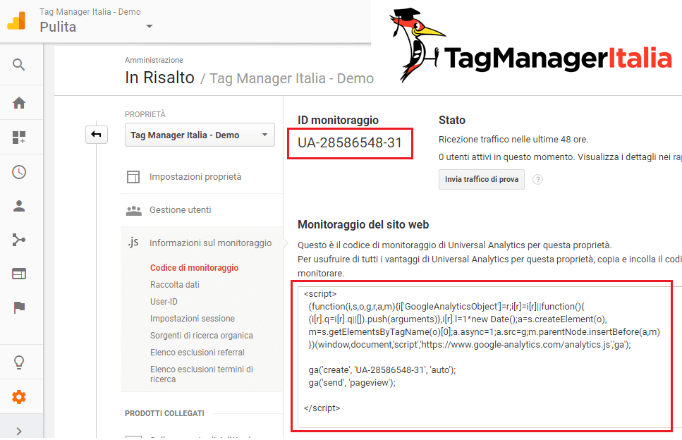 dove trovare codice ua monitoraggio google analytics