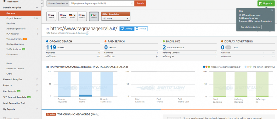 esempio di overview su semrush