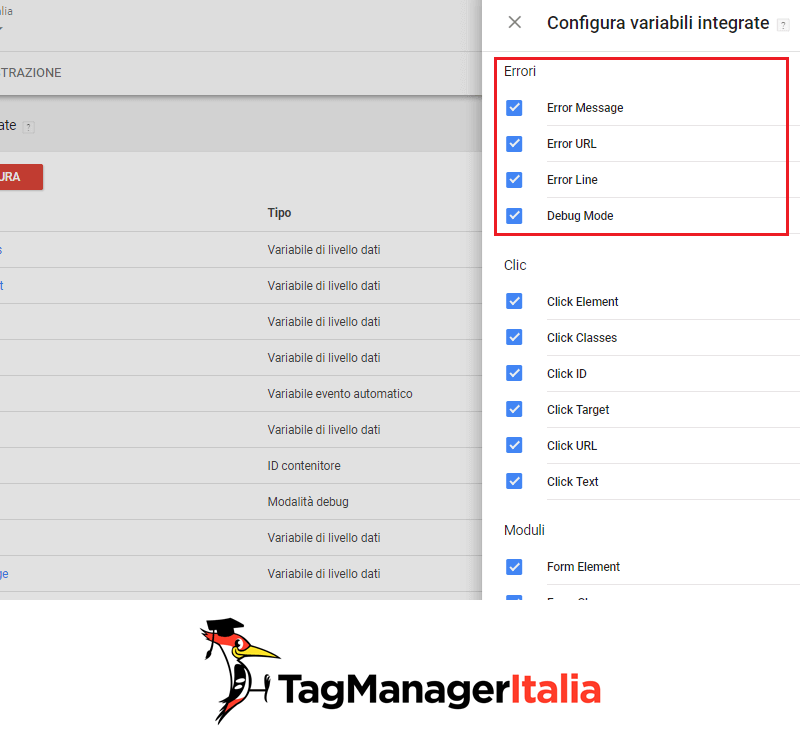 variabili integrate errori con google tag manager