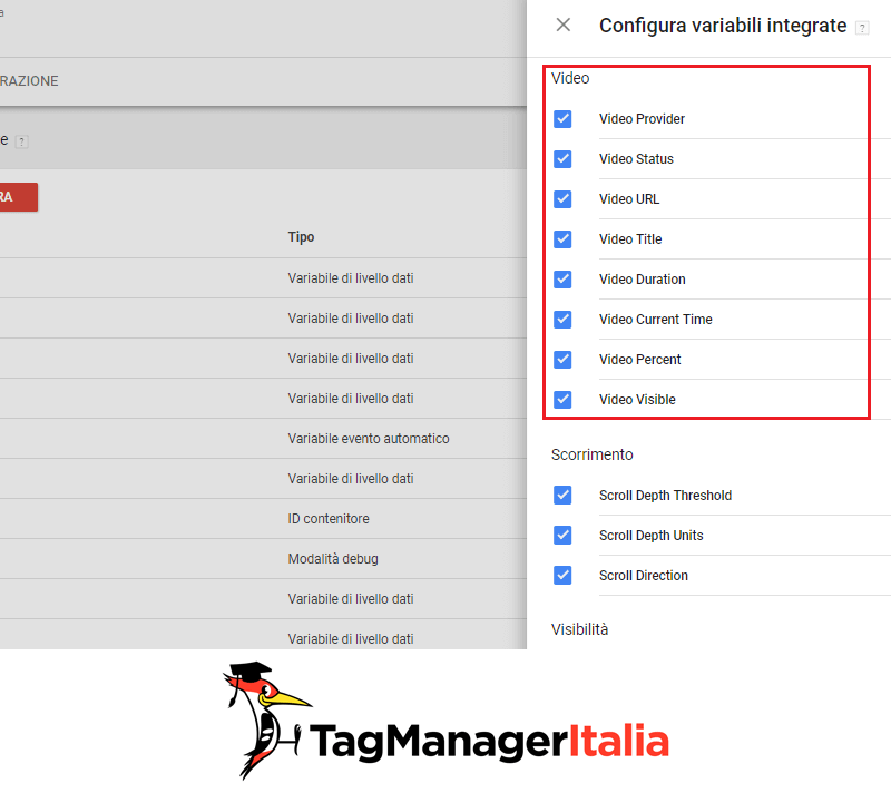 variabili integrate video con google tag manager