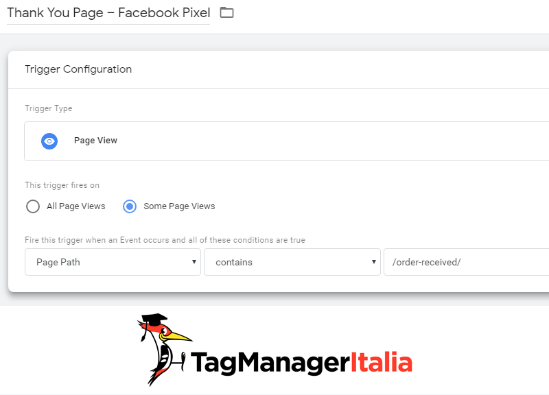 attivatore implementare transazione pixel facebook google tag manager