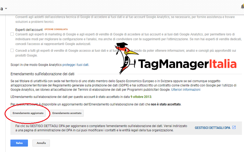 nuovo emendamento dati google analytics gdpr