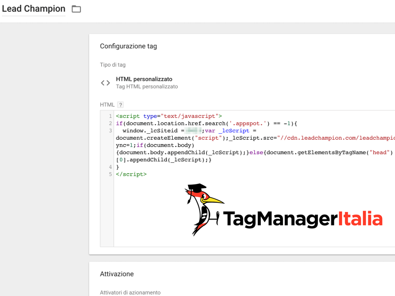 tag installazione lead champion con google tag manager