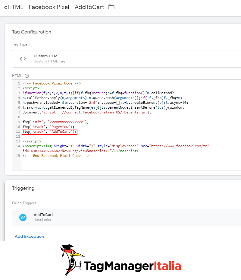 tag tracciare aggiungi carrello pixel facebook google tag manager