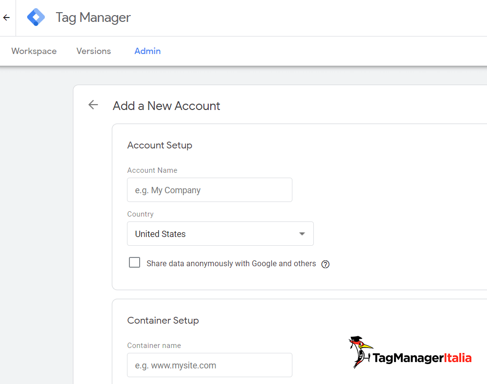 google tag manager how to add a new account in GTM