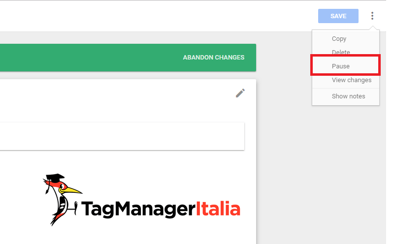 mettere in pausa tag google tag manager nel dettaglio del tag