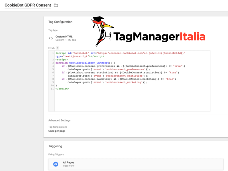 step 4 tag html personalizzato cookiebot google tag manager