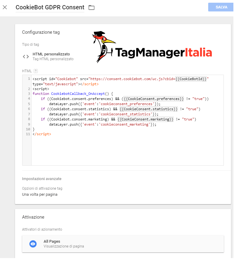 step 4 tag html personalizzato cookiebot google tag manager