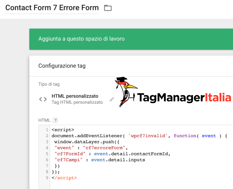 tag form errore google tag manager