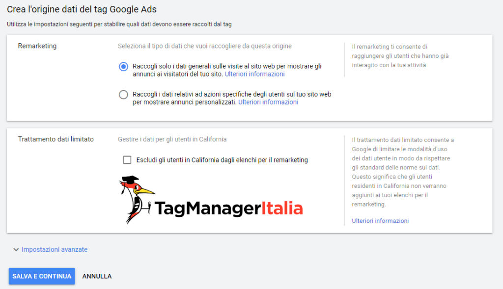 google ads gestione origini dati sul pubblico remarketing dati generali