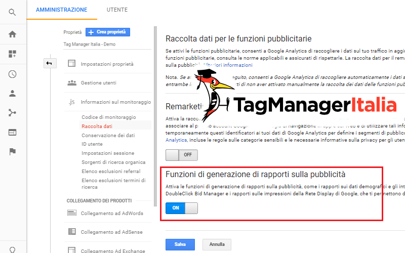 google analytics attiva dati pubblicità