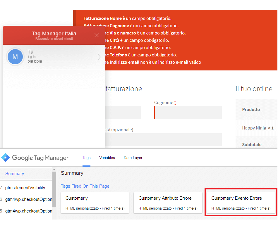 debug gestione eventi customerly con Google Tag Manager