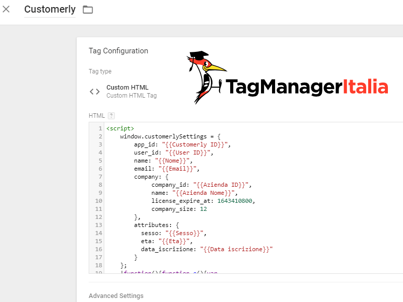 step1 - Tag HTML configurare customerlySettings con Google Tag Manager