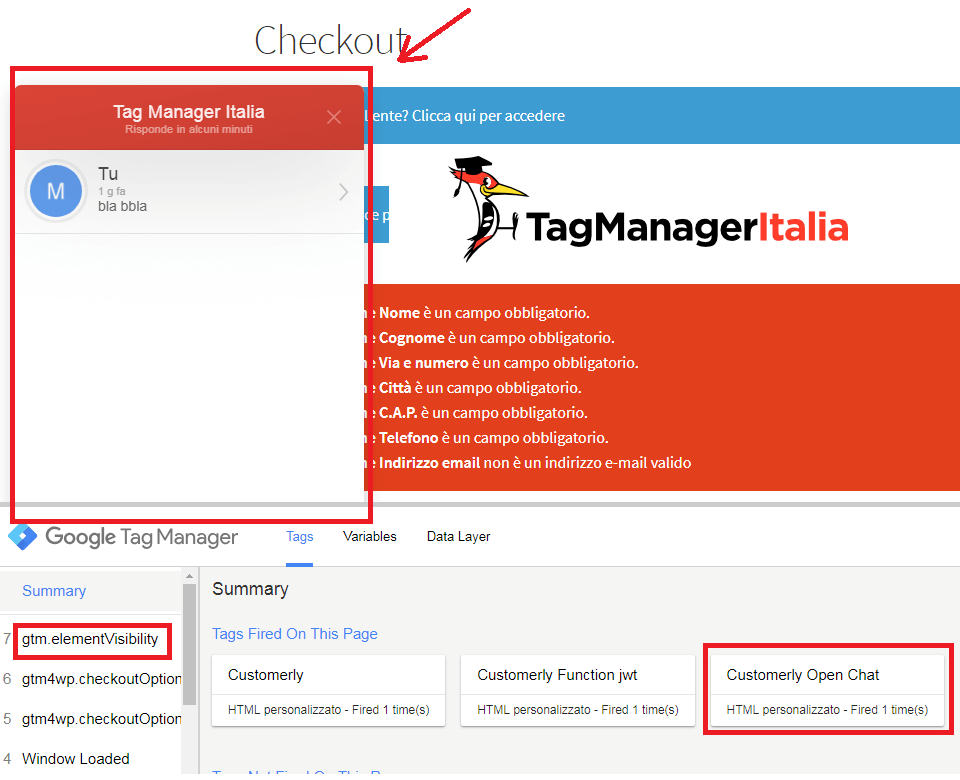 step3 - verifica tag html personalizzato customerly per aprire la chat