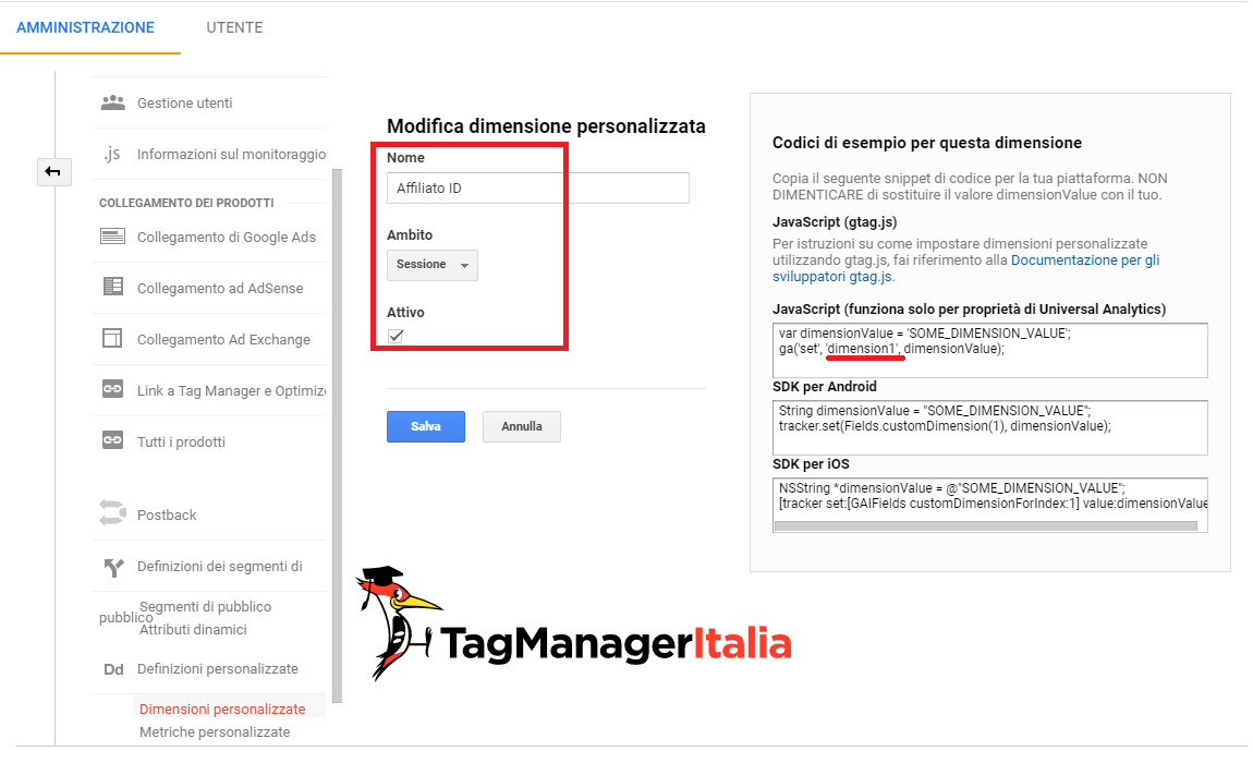 step 2 - creare la dimensione personalizzata su google analytics