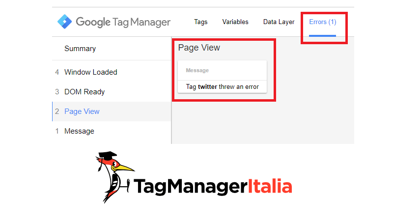 google tag manager tab errors twitter tag in preview e debug mode