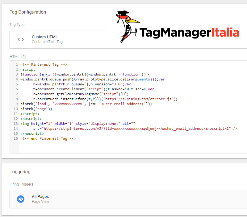 tag html script pinterest conversion tag base code in google tag manager