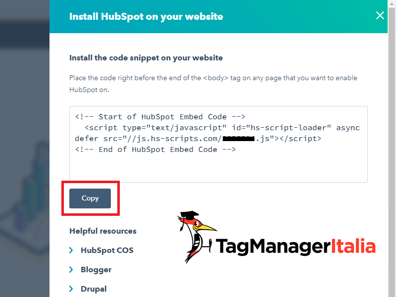 snippet tracking code hubspot per google tag manager