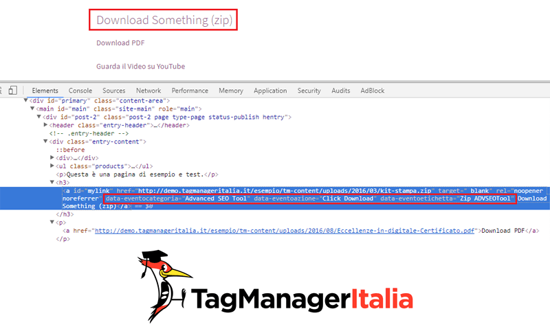 elemento html download zip google tag manager