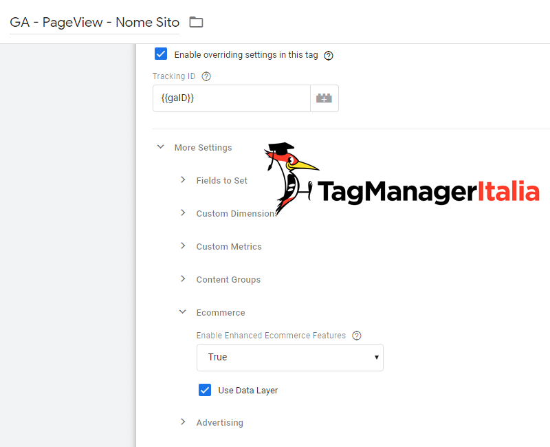 modifica abilitare ecommerce avanzato google tag manager