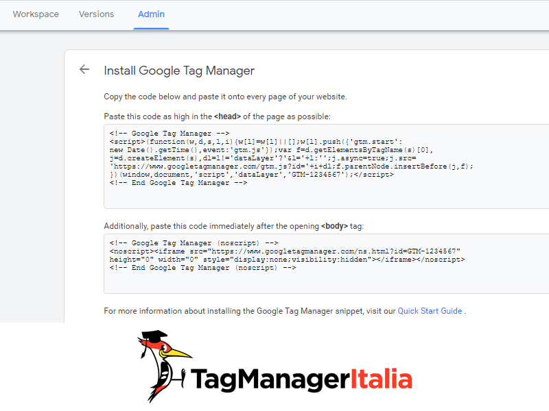 snippet installare google tag manager