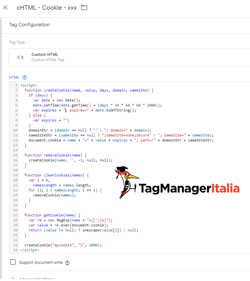 tag HTML come creare cookie con google tag manager