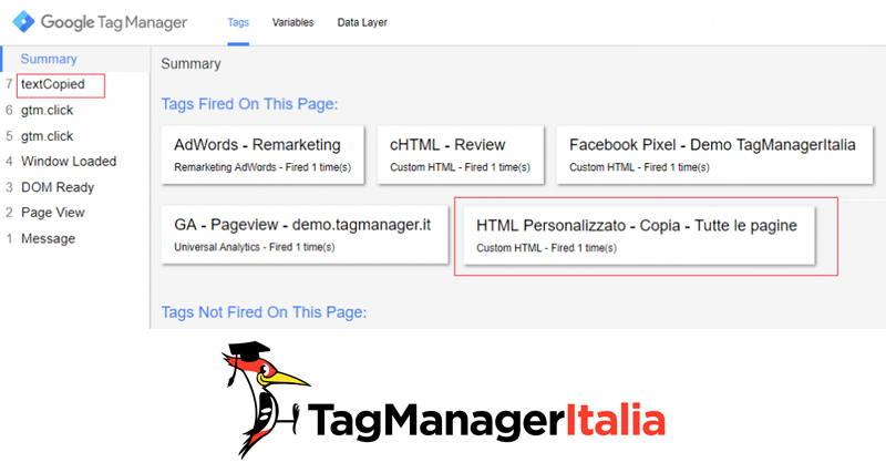 verifica tag tracciare copia testo google tag manager