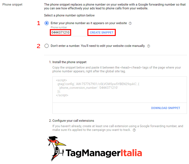 step 2 phone snippet gtag Google Ads con Google Tag Manager