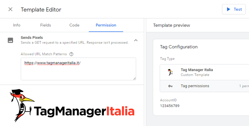 gtm template editor autorizzazioni tag e variante