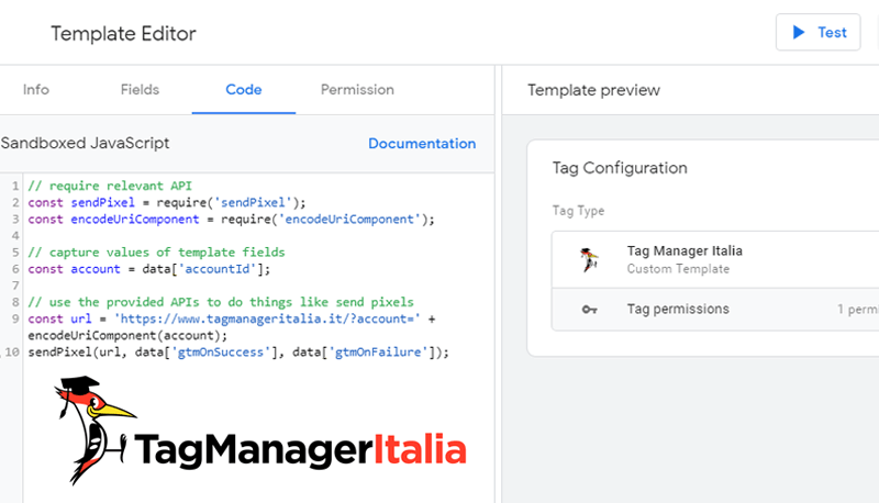 gtm template editor codice JavaScript sandbox