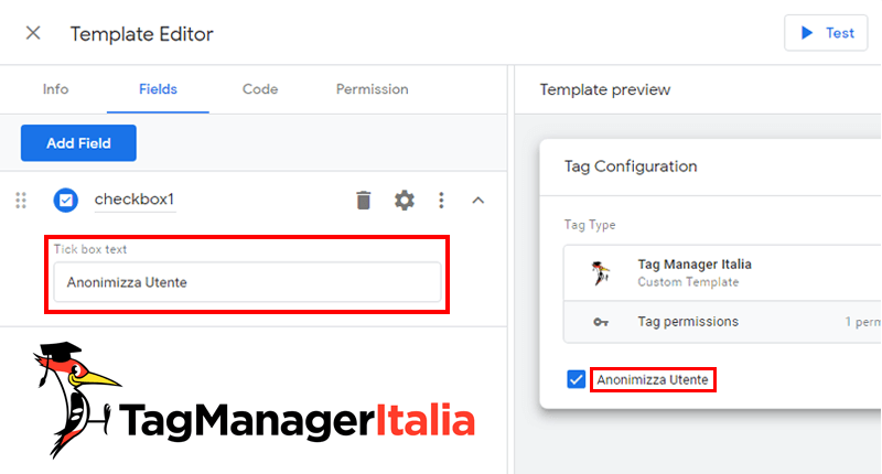 gtm template editor modulo casella di controllo checkbox