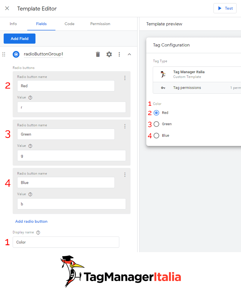 gtm template editor modulo pulsanti di opzione