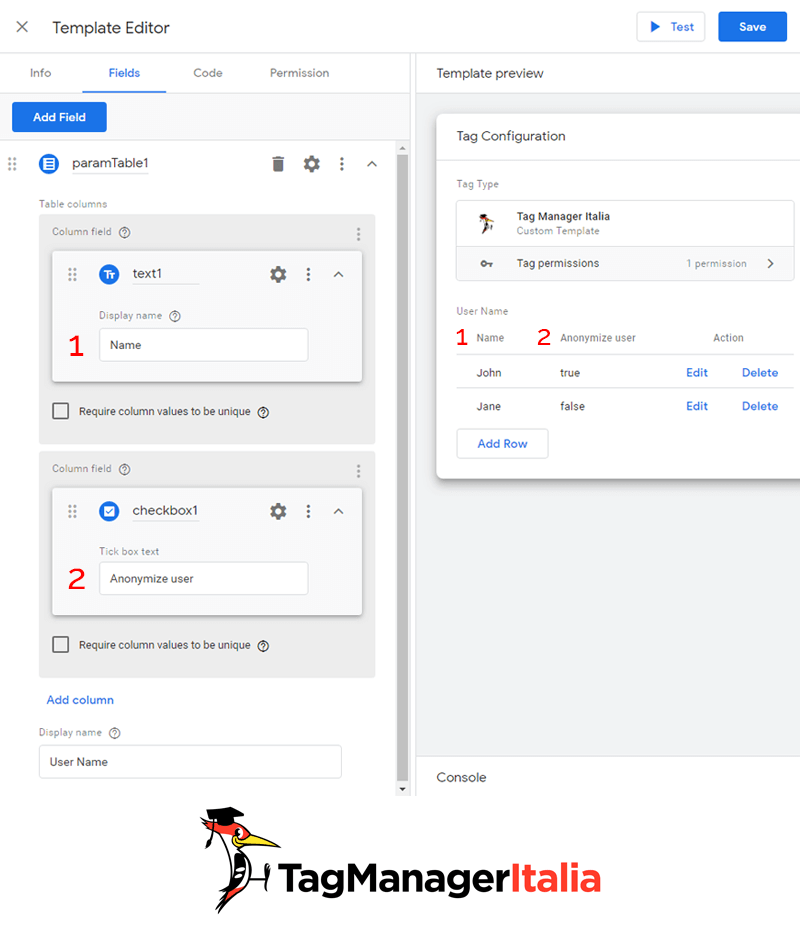 gtm template editor modulo tabella parametro