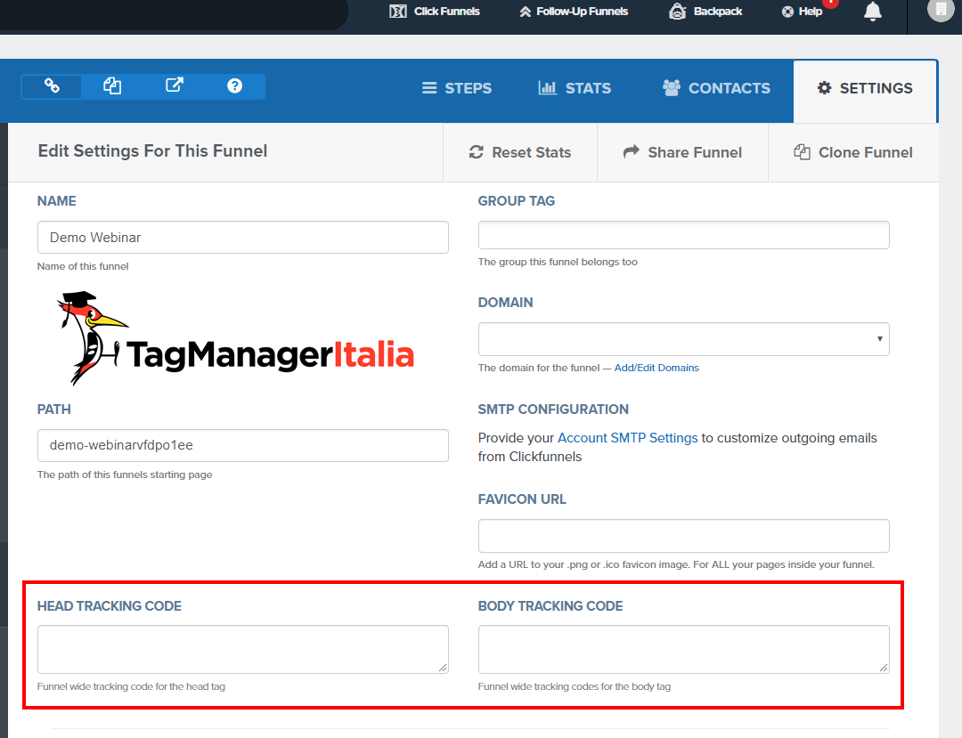 Clickfunnels: implementazione tracking head e body