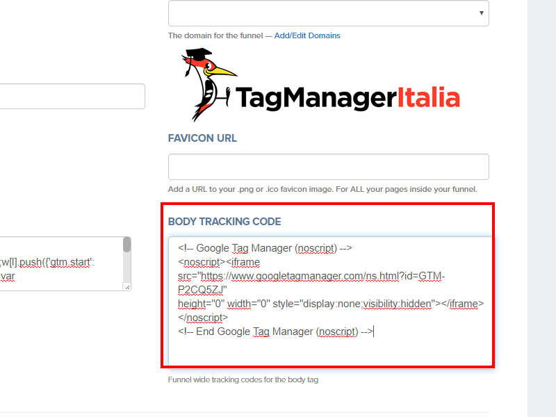 Incollare snippet Google Tag Manager nel body di ClickFunnel