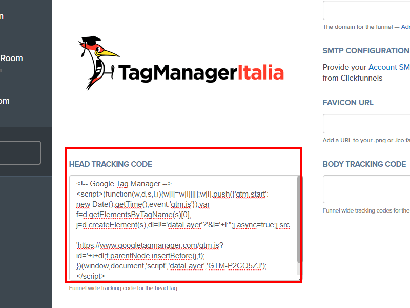 Incollare snippet Google Tag Manager nel head di ClickFunnel