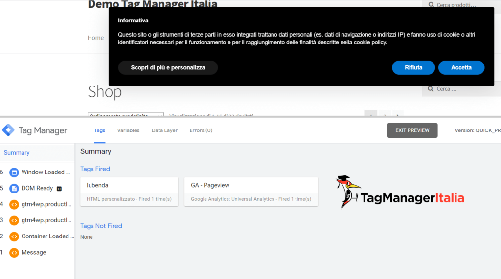 debug script iubenda con Google Tag Manager