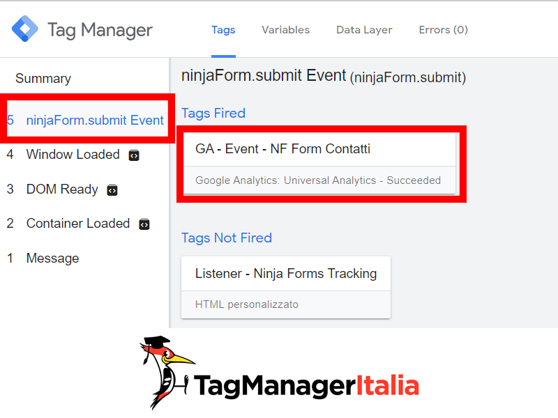 Console debug Google Tag Manager ninja form tracking