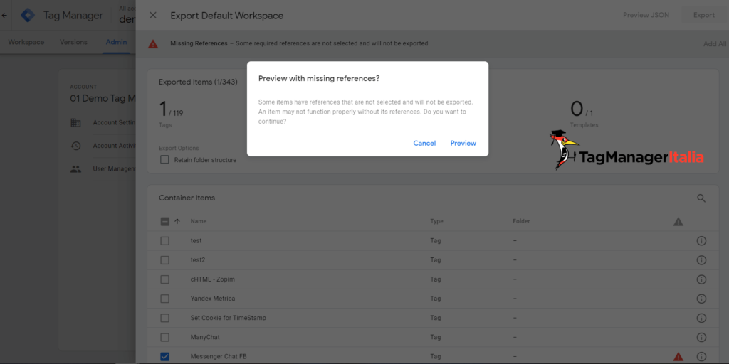 google tag manager preview with missing references