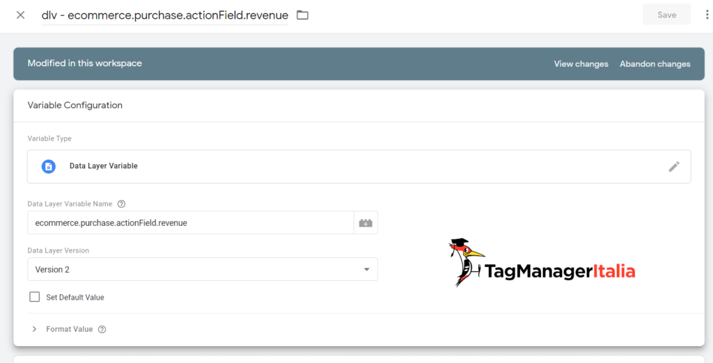 datalayer variable ecommerce.purchase.actionField.revenue for Google Analytics 4