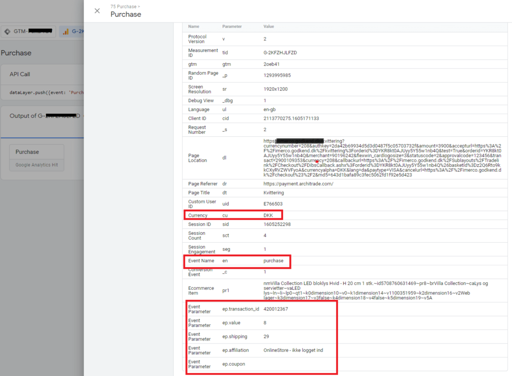 debug GA4 transaction with GTM debug