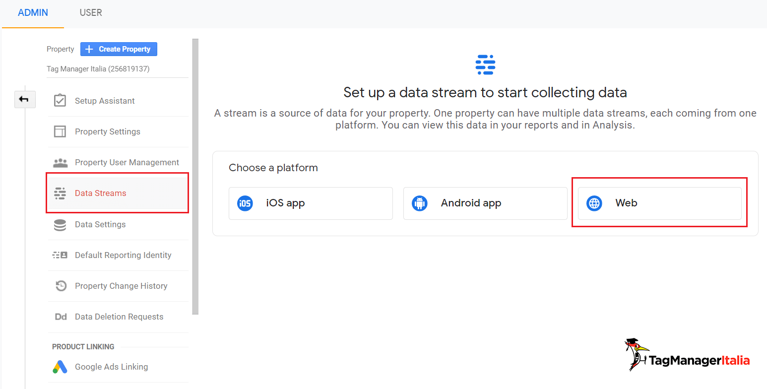 Google Analytics 4 how to set up a new Data Stream type Web