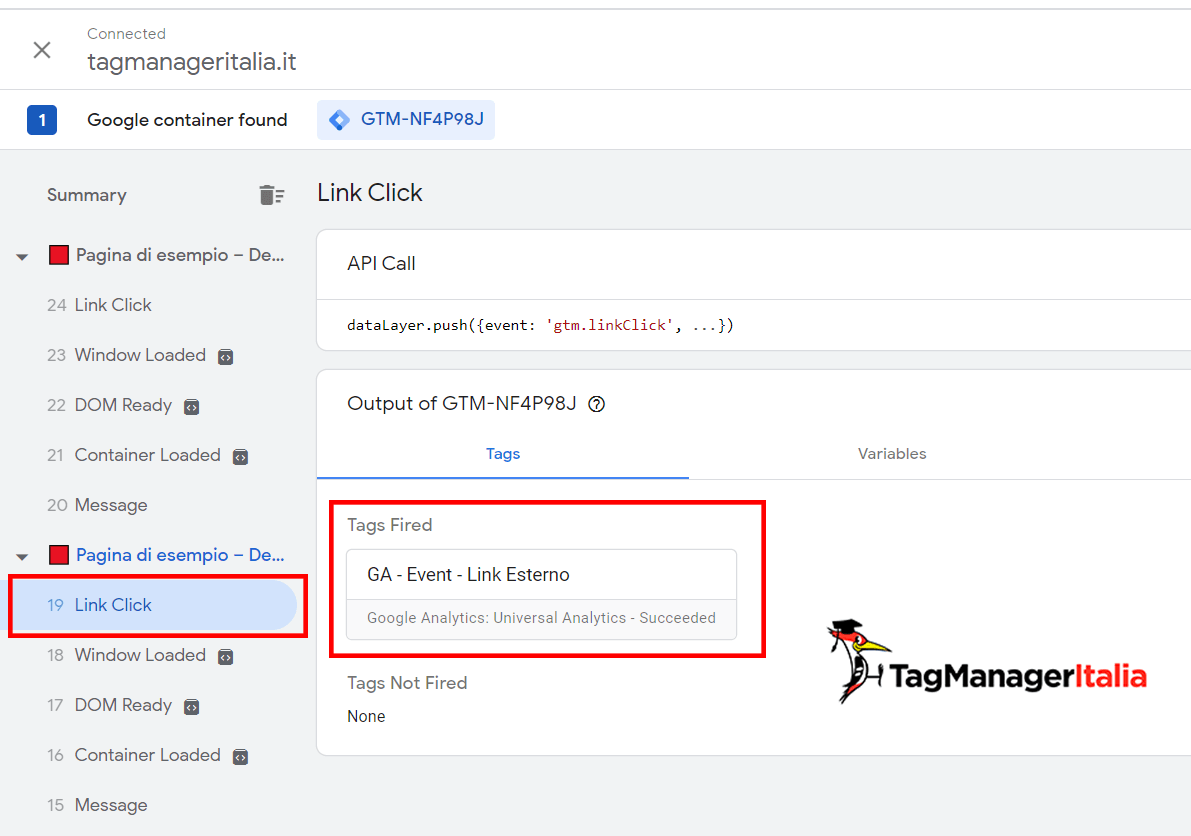 GA event link Esterno TAGS fired