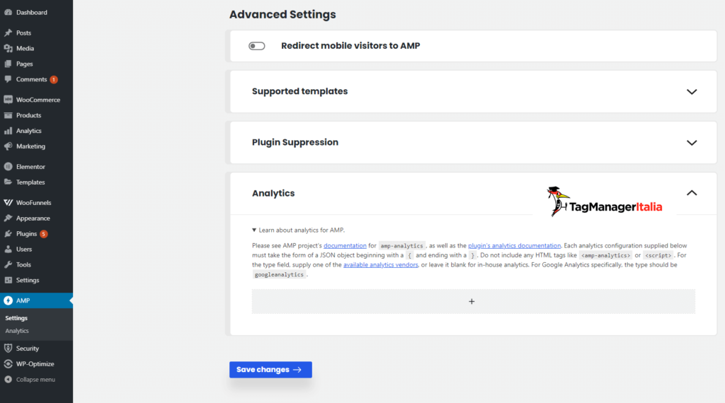 amp plugin for wordpress - analytics section