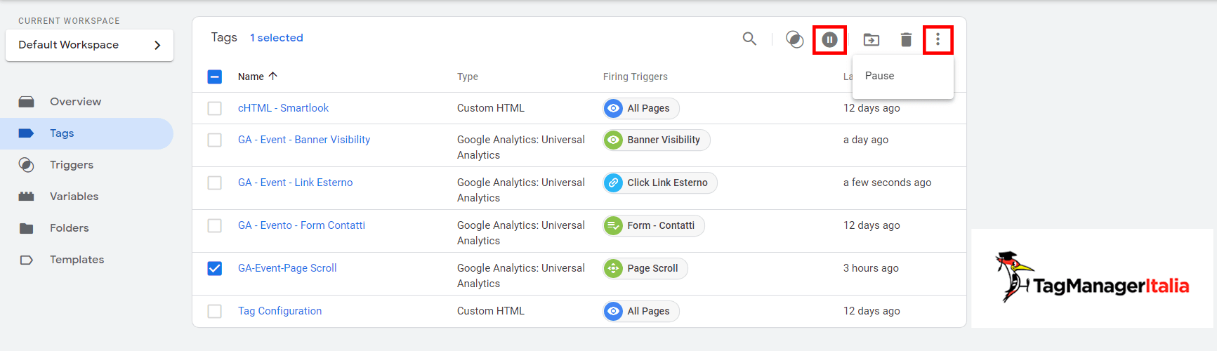 mettere in pausa tag google tag manager