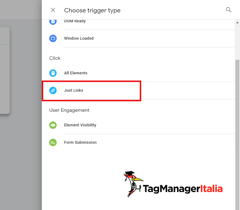 selezione trigger Just Links