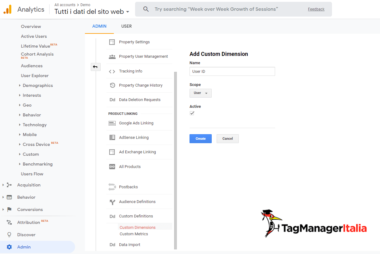 creazione custom dimension in google universal analytics