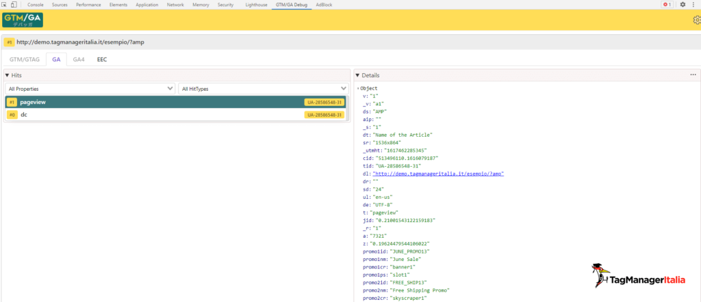debug promotion impressions AMP enhanced ecommerce google analytics with GTM-GA