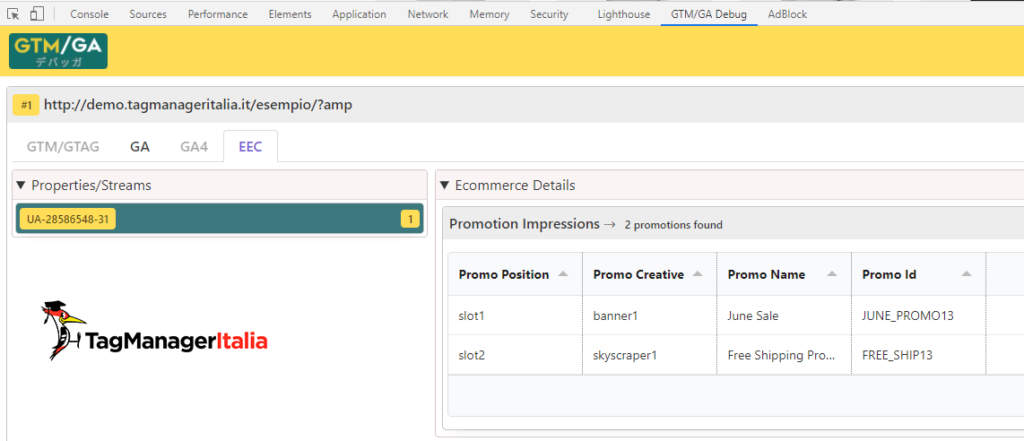 debug promotion impressions AMP enhanced ecommerce google analytics with GTM-GA EEC